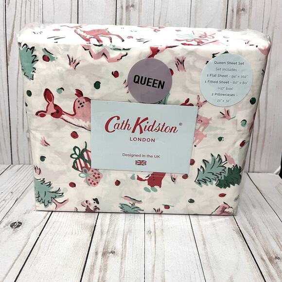 CATH KIDSTON London QUEEN Sheet Set 100% Cotton Ditsy Deer Christmas Holiday New - Picture 1 of 9